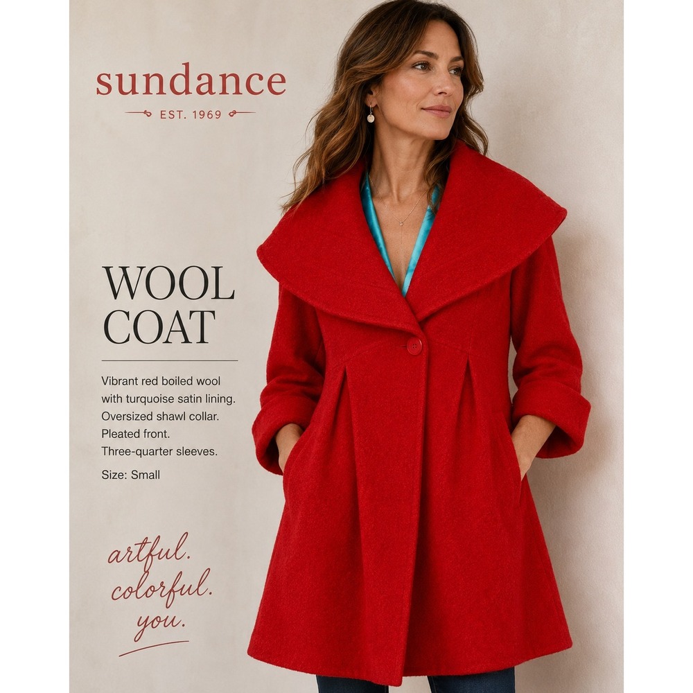 Sundance Wool Coat Women Size S Red Oversized Shawl Collar A-Line Boho Peacoat